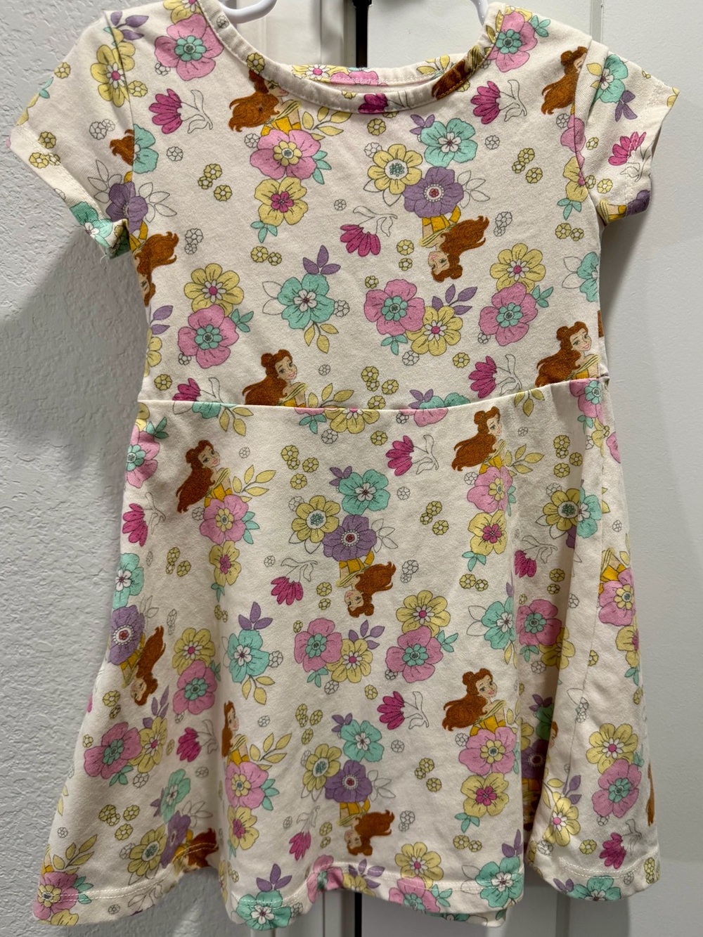 Disney Princess Belle Cream Floral Pullover Short Sleeve Cotton Dress 3T